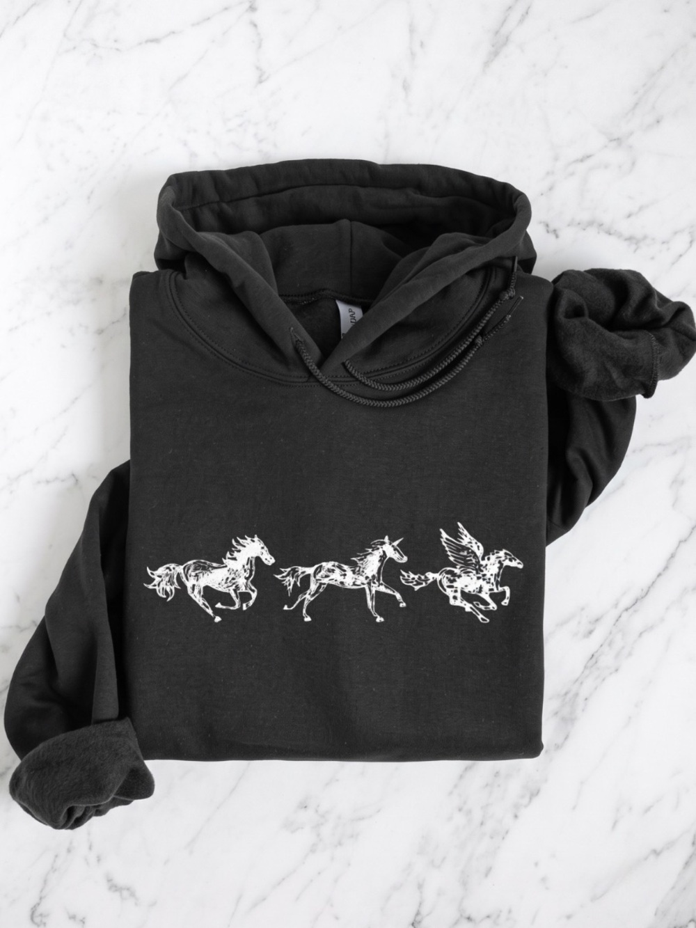 Gildan Black Hoodie with White Running Horse Trio Graphic